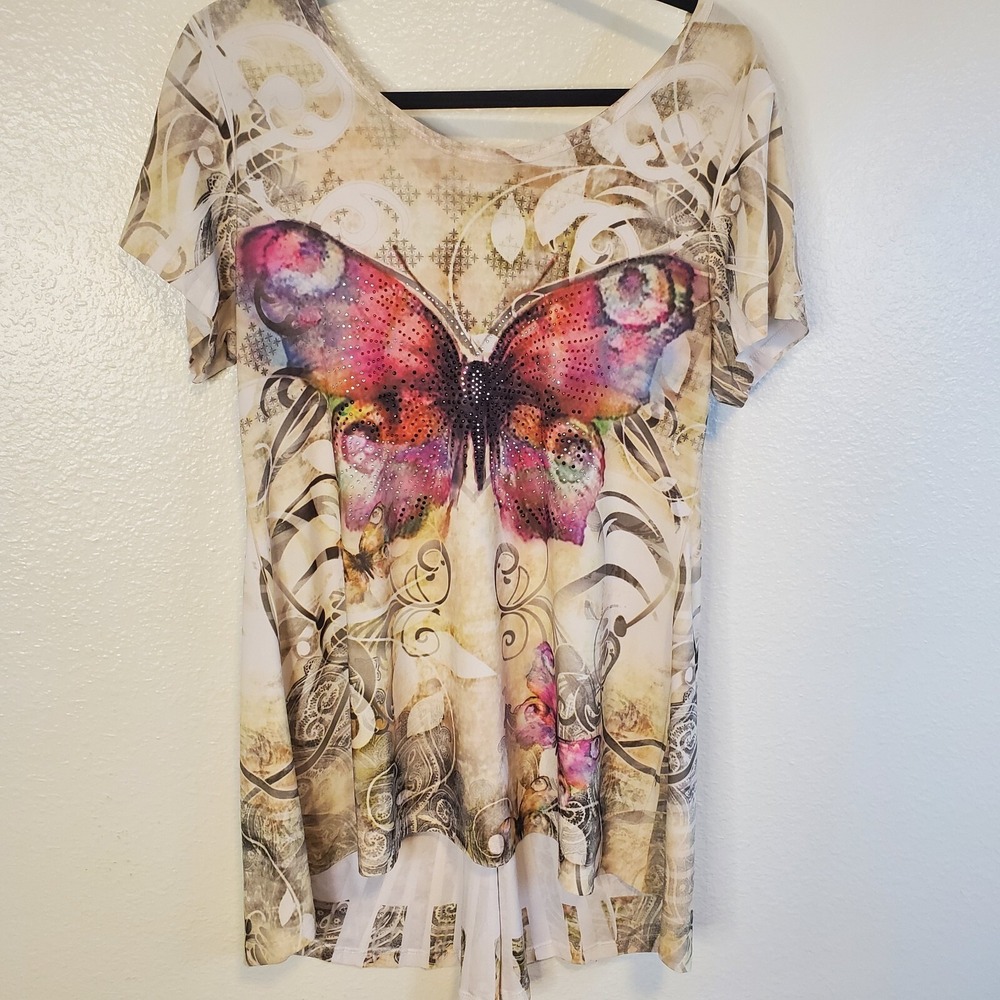 VTG Big Bang Butterfly Hi-low Hem Rhinestone Top Y2K Fairycore‎ Fairy Size M